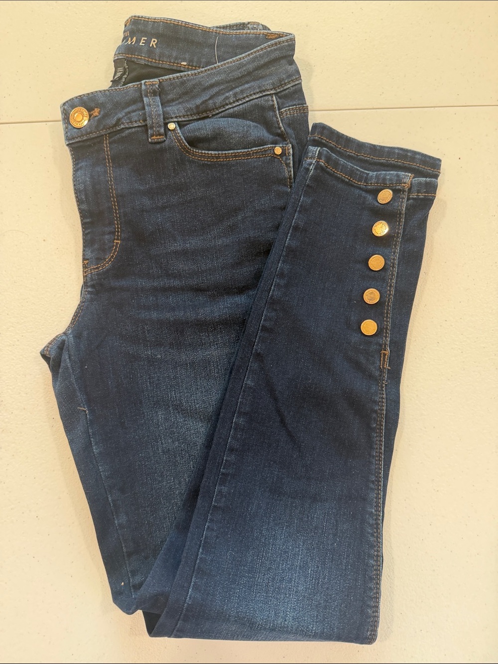 White House Black Market Dark Blue Skinny Jeans with Gold Buttons
